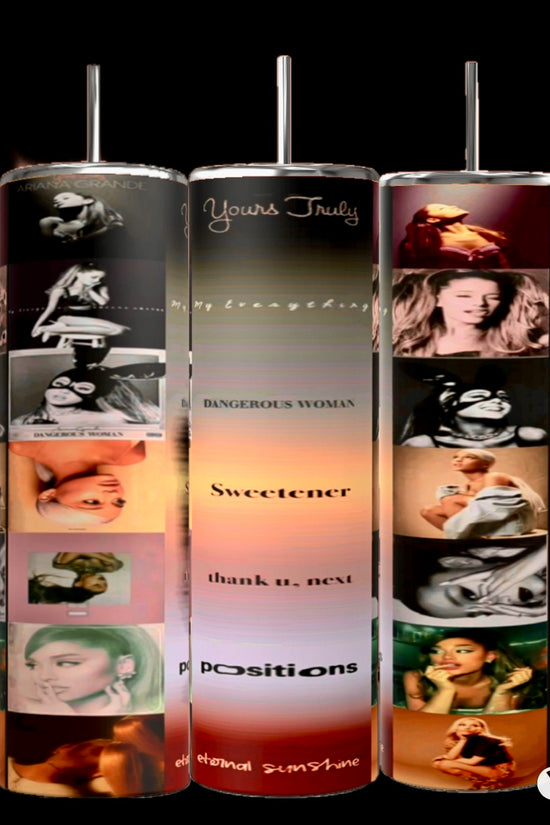 Three slim, vertical 20oz tumblers by Kreative Kreationz, each featuring different images and album covers of a female pop artist. The tumbler designs showcase album titles including 