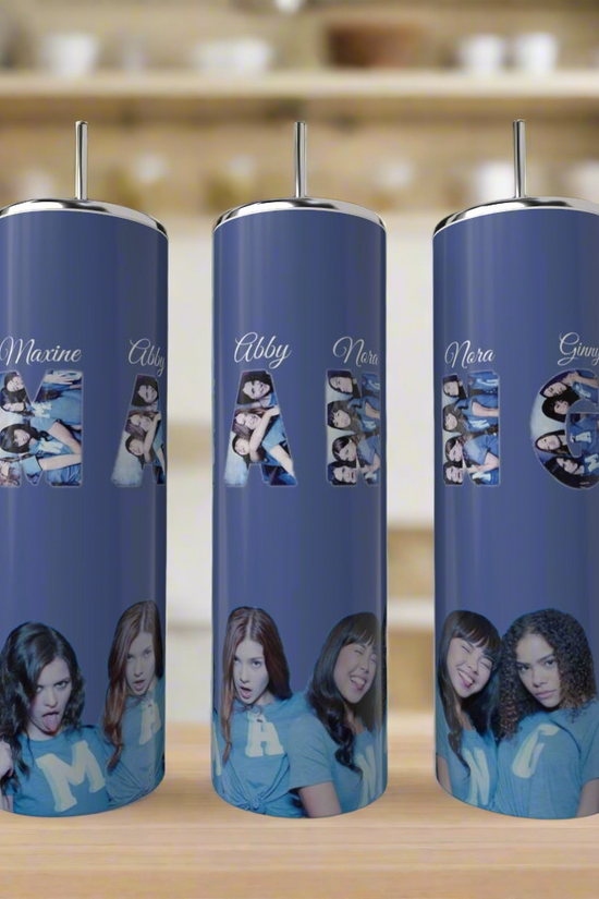 Three blue Kreative Kreationz MANG Ginny & Georgia 20oz tumblers, each featuring a girl's photo spelling out a name—Maxine, Abby, or Nora—are displayed as eco-friendly drinkware on a kitchen counter.