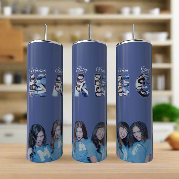 Three blue Kreative Kreationz MANG Ginny & Georgia 20oz tumblers, each featuring a girl's photo spelling out a name—Maxine, Abby, or Nora—are displayed as eco-friendly drinkware on a kitchen counter.