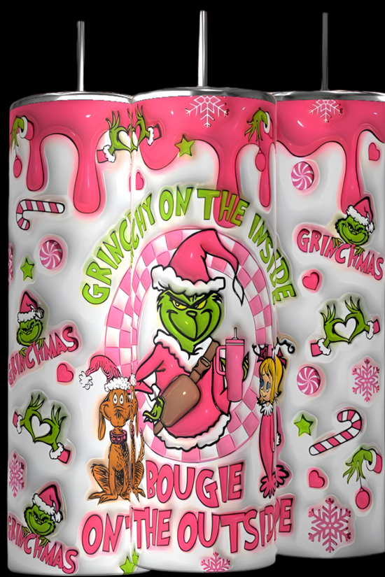 Three cylindrical candles with pink wax drips feature festive cartoon characters, peppermint candies, snowflakes, and the phrases 