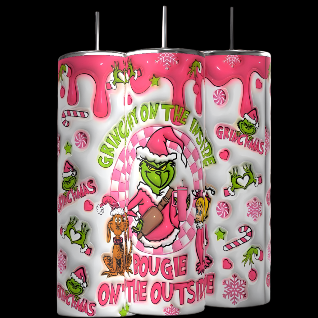 Three cylindrical candles with pink wax drips feature festive cartoon characters, peppermint candies, snowflakes, and the phrases "Grinchin' on the inside" and "Bougie on the outside," echoing the charm of Kreative Kreationz's Bougie Grinch Christmas 20oz Tumbler. Ideal for playful holiday decor.