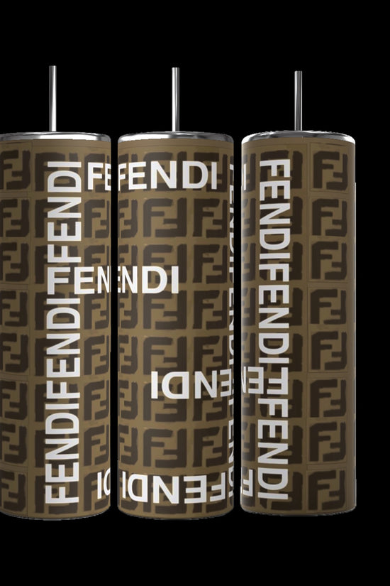 Three FENDI Brown 20oz Skinny Tumblers from Kreative Kreationz, crafted with high-quality stainless steel and black straws, showcase the Fendi logo in white on a sleek pattern. Eco-friendly and reusable, they stand upright against a black backdrop.