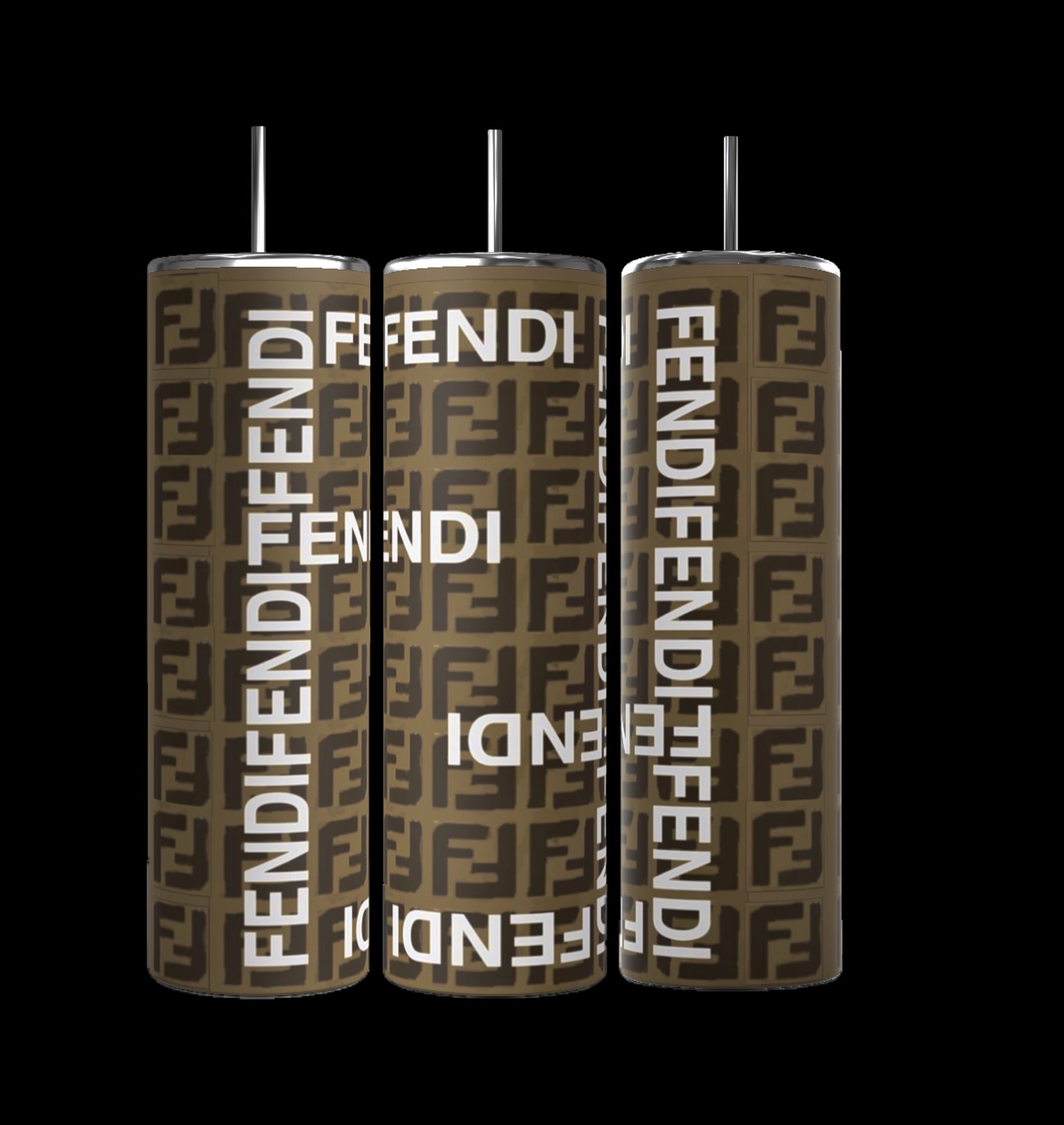 Three FENDI Brown 20oz Skinny Tumblers from Kreative Kreationz, crafted with high-quality stainless steel and black straws, showcase the Fendi logo in white on a sleek pattern. Eco-friendly and reusable, they stand upright against a black backdrop.