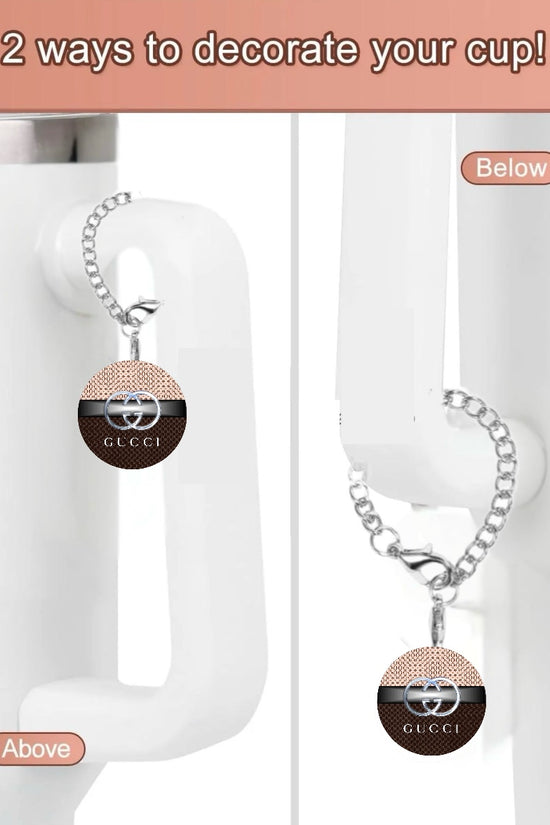 A promotional image features a white cup with a chain and circular Gucci Cup Charm from Kreative Kreationz on its handle. The text reads, 