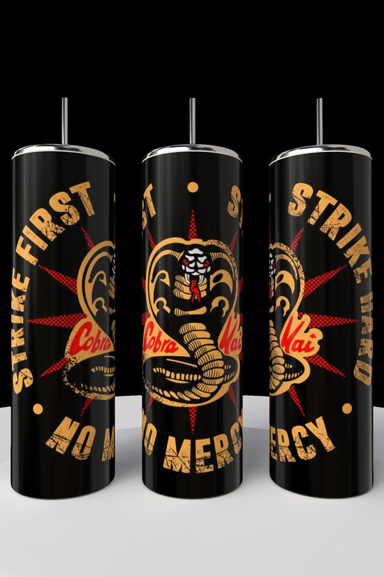 Three sleek black 20oz Kobra Kai tumblers by Kreative Kreationz, featuring lids and straws, display a stylized cobra logo. Bold text reads, 