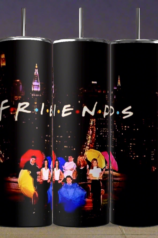 Three Kreative Kreationz Friends TV Show 20oz Tumblers feature the logo and an image from the television show 