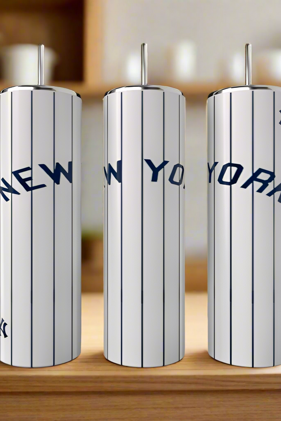 Three Kreative Kreationz New York Yankees 20oz Tumblers with vertical navy blue pinstripes and bold 