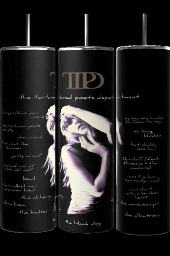 The Kreative Kreationz TTPD The Anthology 20oz Tumblers come in a set of three, each adorned with a grayscale image of a person dancing and holding their head. The design features white script-style text such as 
