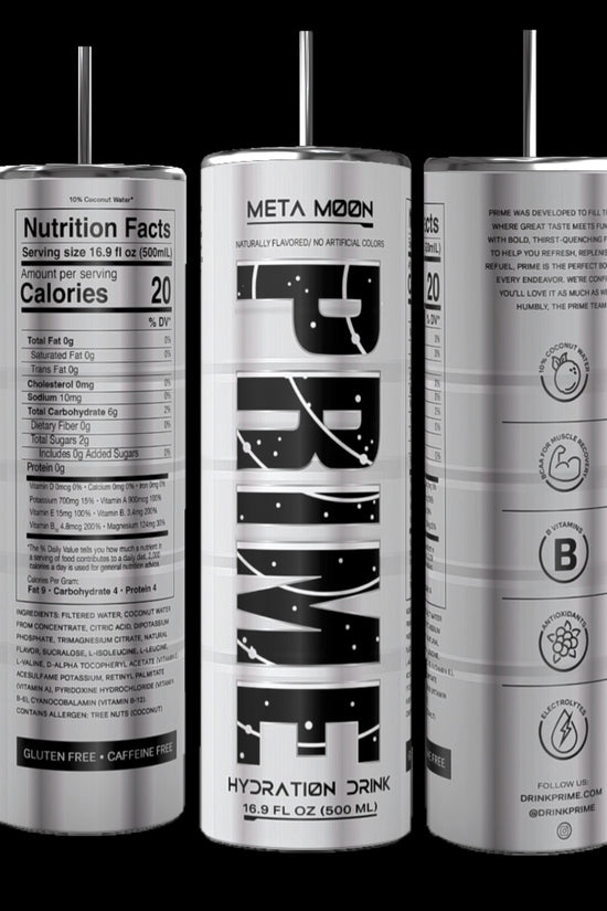 Three tall cylindrical cans of Prime Hydration Drink, labeled 