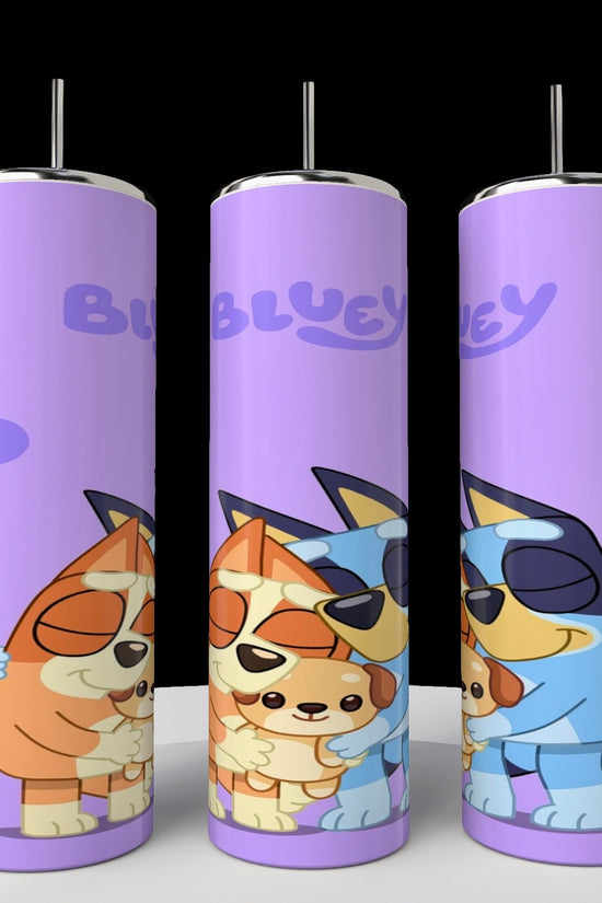 Kreative Kreationz's Bluey 20oz Stainless Steel Tumblers showcase a fun design with cartoon dogs on a purple background, one wearing sunglasses, and 