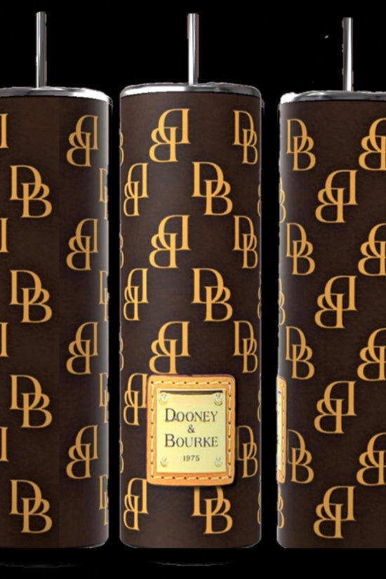 Three sophisticated 20oz tumblers, adorned with brown designs and gold 