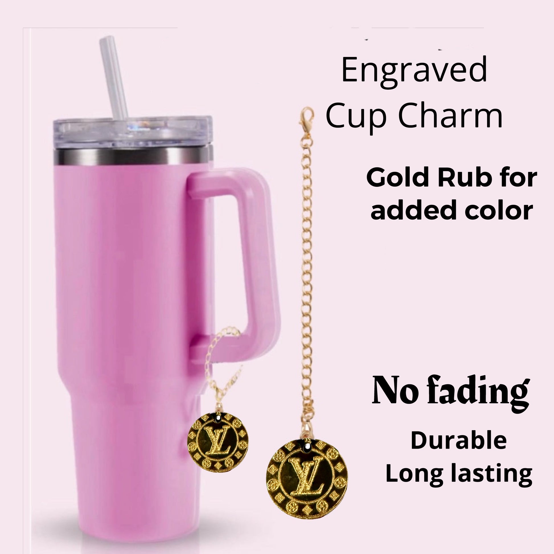 The Gold Laser Engraved LV Charm Dangle by Kreative Kreationz is an elegant gold-colored accessory for your pink tumbler, designed with a no-fade guarantee. Enjoy fast delivery and friendly service to ensure prompt satisfaction with your charming cup adornment.