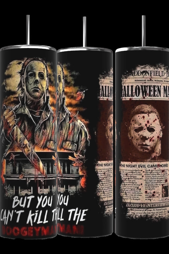 Kreative Kreationz's Michael Myers Halloween 20oz Tumbler captures eerie horror with a masked figure, haunted house, and chilling 