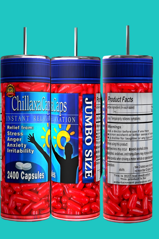 Three bottles of ChillaxaCaps with red capsules offer relief from stress, anger, anxiety, and irritability. Featuring a jumbo size with 2400 capsules, pair them with the Kreative Kreationz Chillax Adult Issues 20oz Skinny Tumbler for the ultimate calming experience.