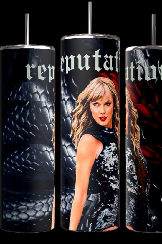 Three cylindrical tumblers with metal straws stand against a black background. The first Taylor Swift Reputation Snake 20oz Tumbler by Kreative Kreationz features a close-up of a black snake's scales pattern. The central tumbler shows a woman with blonde hair in a black outfit. The last tumbler displays a similar snake scale pattern with the text 