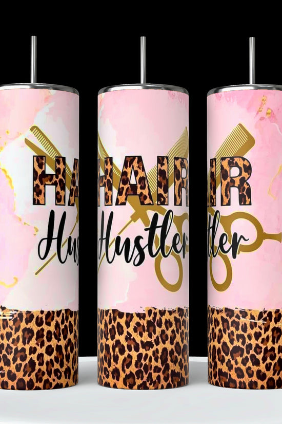 Kreative Kreationz offers hairstylist 20oz tumblers with pink marbled backgrounds, leopard print bottoms, and hair tools (scissors and comb). Featuring 