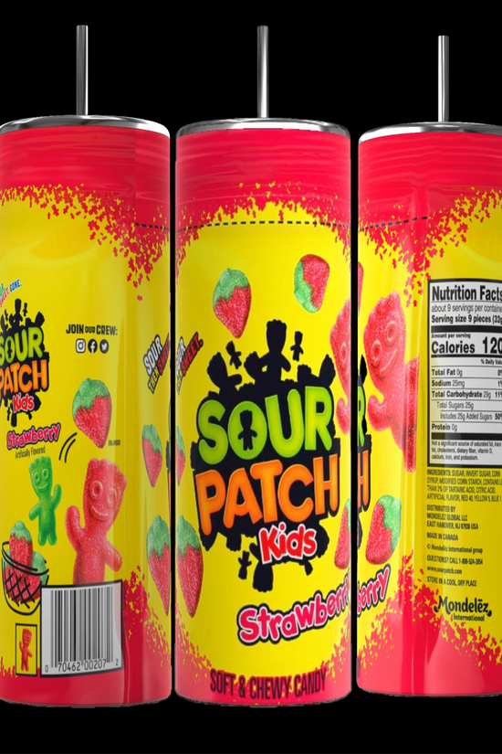 Three Kreative Kreationz Sour Patch Kids 20oz Stainless Steel Tumblers feature vivid yellow and red designs with logos, strawberry graphics, candy illustrations, and nutritional info. Each eco-friendly tumbler includes a built-in straw for convenience.