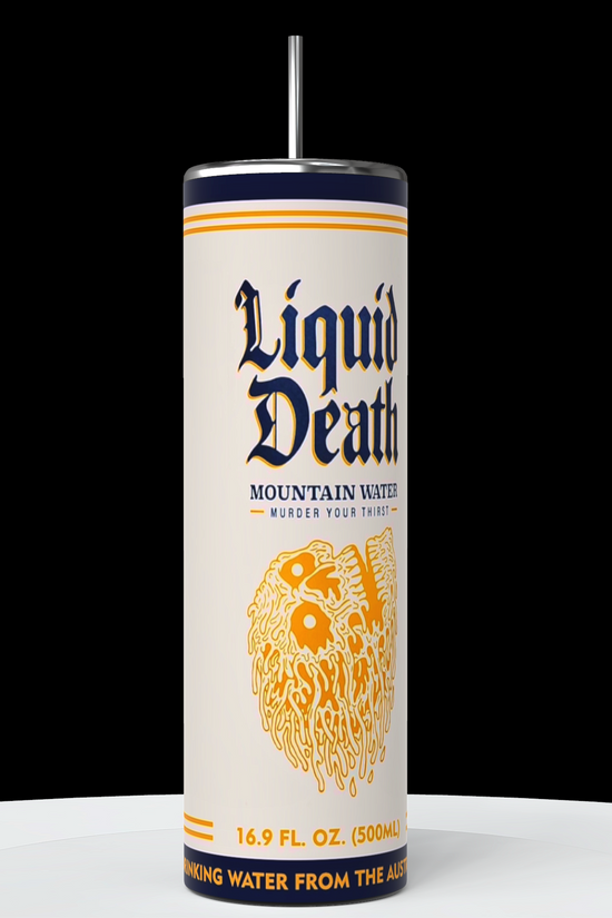 Three Liquid Death designed 20oz Tumblers from Kreative Kreationz are displayed against a black background. Each tumbler features a prominent logo with the brand name in bold blue letters and an illustration of a dripping skull. The text 