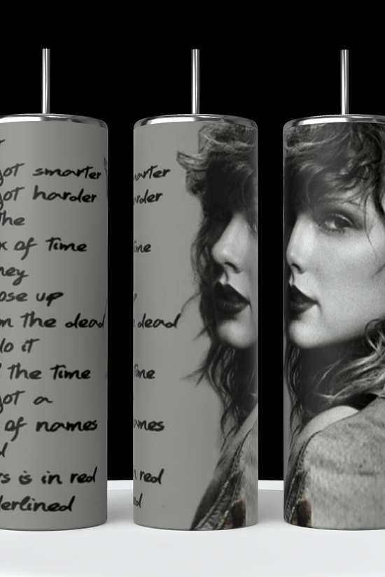 Three tall cylindrical objects with black lids. The Taylor Swift Rep 20oz Tumbler on the left, by Kreative Kreationz, features handwritten text, while the middle and right tumblers display grayscale images of a woman with curly hair and intense expressions, dressed in casual attire. The background is black.
