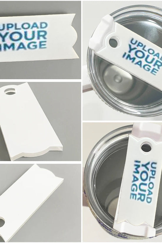 Collage of images showcasing the Customized Stanley Lid Topper by Kreative Kreationz, a customizable white tag with a circular hole. Perfect for personalizing your tumbler, it features 