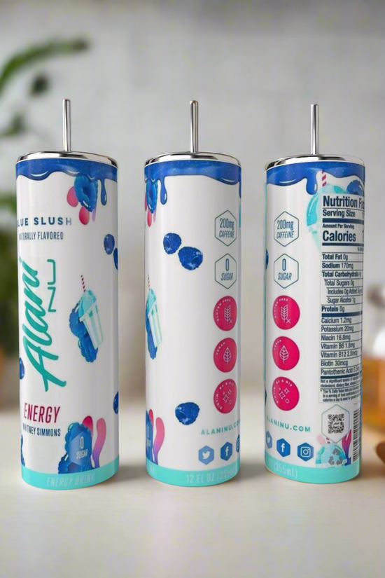 The Alani 20oz SILVER STAINLESS STEEL Tumbler by Kreative Kreationz is displayed in vibrant blue and pink designs, shown from the front, back, and side. A plant and a jar of honey are blurred in the background.