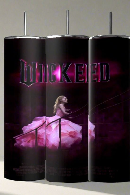 Three Wicked 20oz Tumblers from Kreative Kreationz feature a woman in a flowing pink gown on a staircase, with 