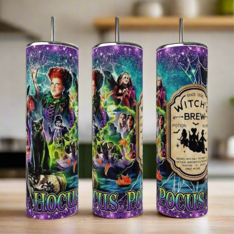 The Kreative Kreationz Hocus Pocus Witches Brew 20oz Tumbler is a reusable cylindrical tumbler with a straw, ideal for drinks on the go.