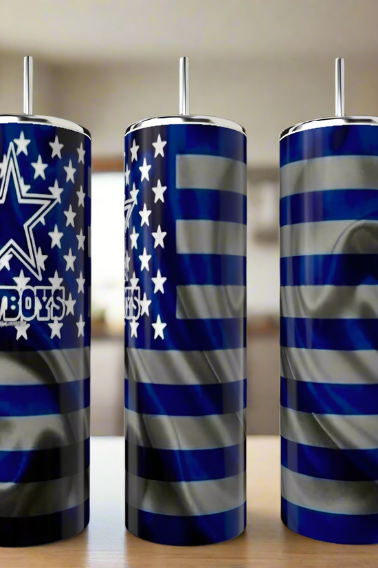 Three Cowboys Flag 20oz Skinny Tumblers by Kreative Kreationz, each with metallic spill-proof lids and reusable straws, display blue and silver stars, stripes, bold 