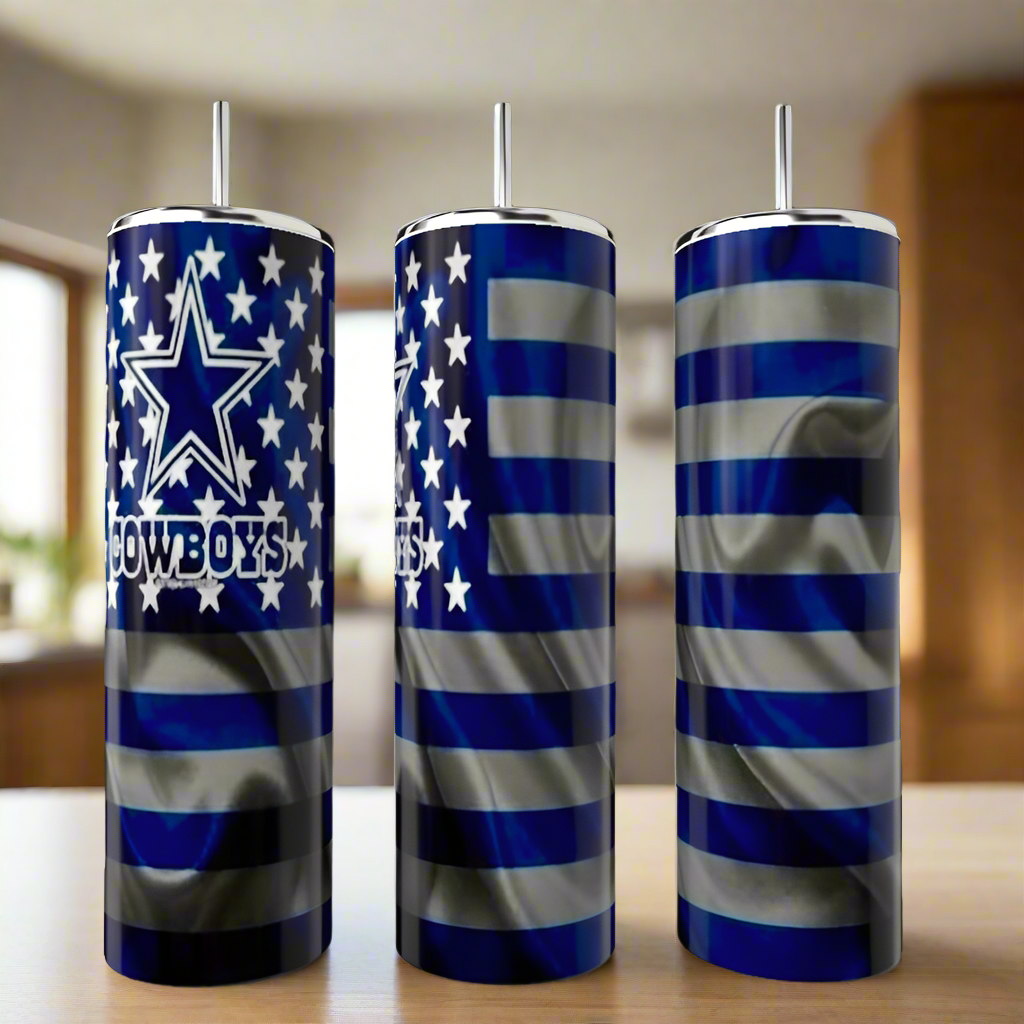 Three Cowboys Flag 20oz Skinny Tumblers by Kreative Kreationz, each with metallic spill-proof lids and reusable straws, display blue and silver stars, stripes, bold "COWBOYS" text, and the star logo for Dallas Cowboys team pride.