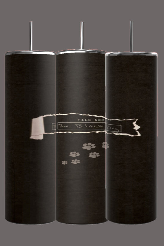 Three black cylindrical objects are aligned vertically, each with a narrow metallic rod extending from the top. The middle object features a torn piece of paper with the text 