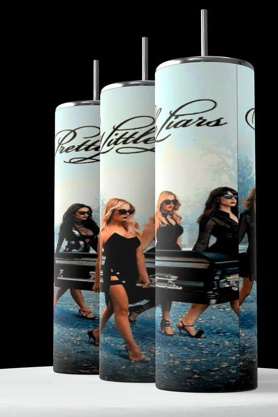 The PLL 20oz Tumblers by Kreative Kreationz feature an image and title from Pretty Little Liars. The design displays four women in black dresses and sunglasses walking confidently, with the show's title written in elegant script above them. These tumblers keep beverages hot or cold, making them perfect for any fan of the show.