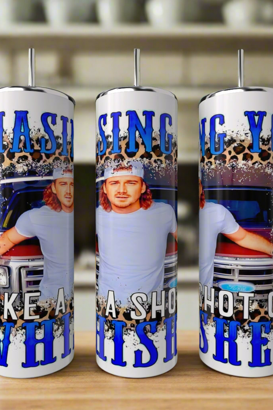 Three eco-friendly Morgan Wallen 20oz Tumblers by Kreative Kreationz feature a man with long hair and a cap by a truck, bold blue 