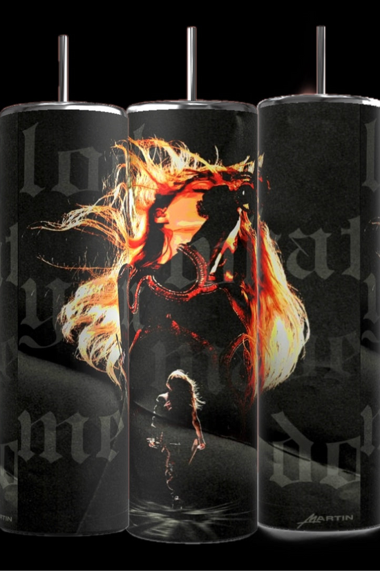 Explore the eco-friendly REP ERA -20oz Skinny Tumbler by Kreative Kreationz, featuring three cylindrical designs that present a fiery, abstract portrayal of a person confronting a horse with a blazing mane against a dark background. This striking depiction embodies themes of strength and intensity with personalized perfection.
