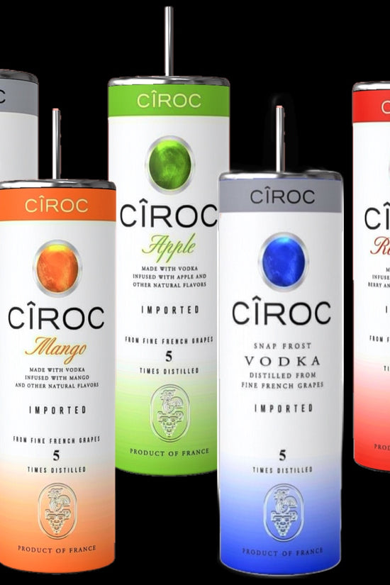 A selection of five Ciroc vodka bottles arranged in a row. Flavors include Coconut, Mango, Apple, Vodka (Snap Frost), and Red Berry. Each bottle showcases its distinct color and label, highlighting the brand’s French heritage and the tagline “Product of France.” For a perfect pairing, consider using the stylish Ciroc 20oz Tumbler by Kreative Kreationz.