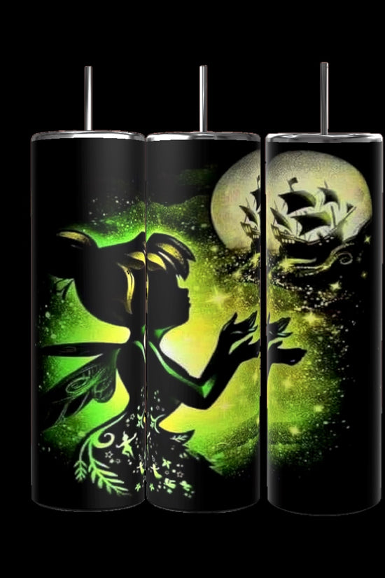 Three Kreative Kreationz Tinkerbell Neon 20oz Skinny Tumblers feature a fairy silhouette amidst green sparkles and a ship sailing towards a glowing full moon on an enchanting dark background, crafted from eco-friendly materials.