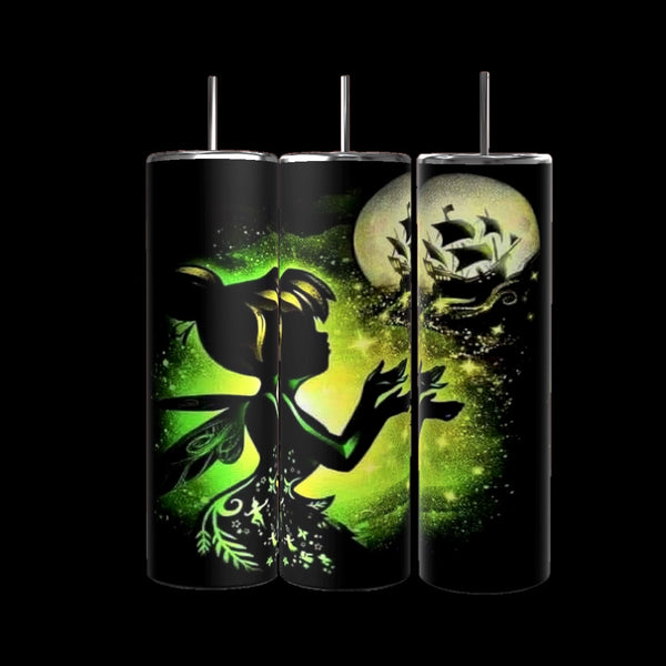 Three Kreative Kreationz Tinkerbell Neon 20oz Skinny Tumblers feature a fairy silhouette amidst green sparkles and a ship sailing towards a glowing full moon on an enchanting dark background, crafted from eco-friendly materials.