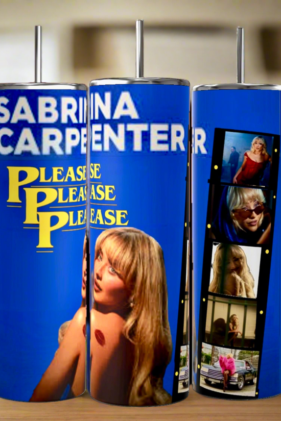 The Kreative Kreationz Sabrina Carpenter Please Please Please 20oz Tumbler showcases her images, yellow text, and a photo filmstrip on blue stainless steel—an eco-friendly, stylish must-have for fans.