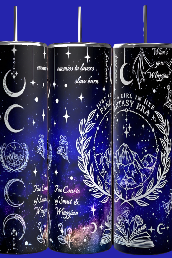 The **Just a Girl Fantasy Era 20oz Tumblers** from **Kreative Kreationz** feature a captivating dark galaxy-themed design with crescent moons, stars, and phrases such as 