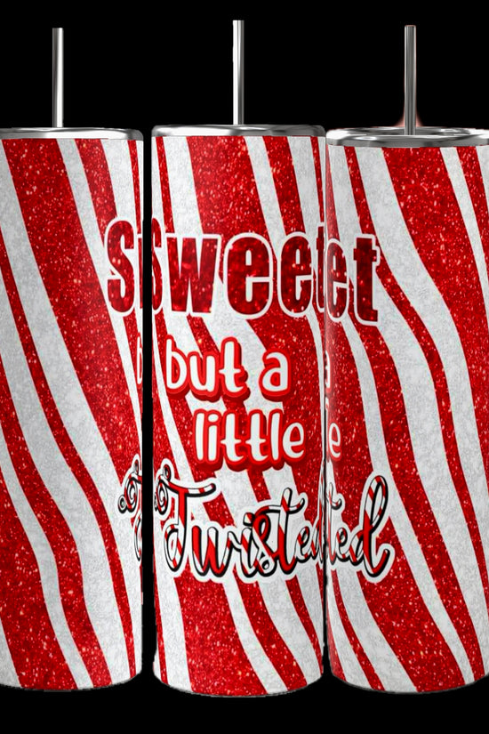 The Sweet Candy Cane 20oz Tumblers by Kreative Kreationz feature red and white glittery stripes with a bold 