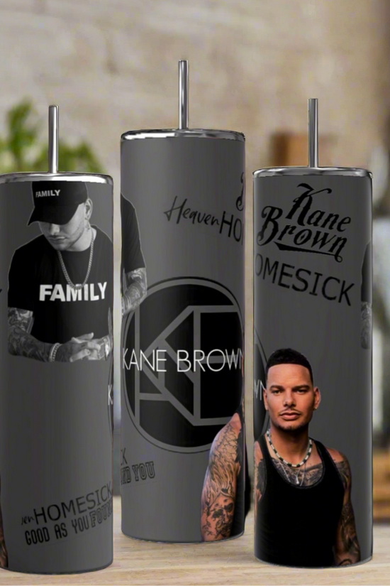 The Kane Brown 20oz Tumblers by Kreative Kreationz showcase a tattooed man with a cap and sleeveless top, featuring 