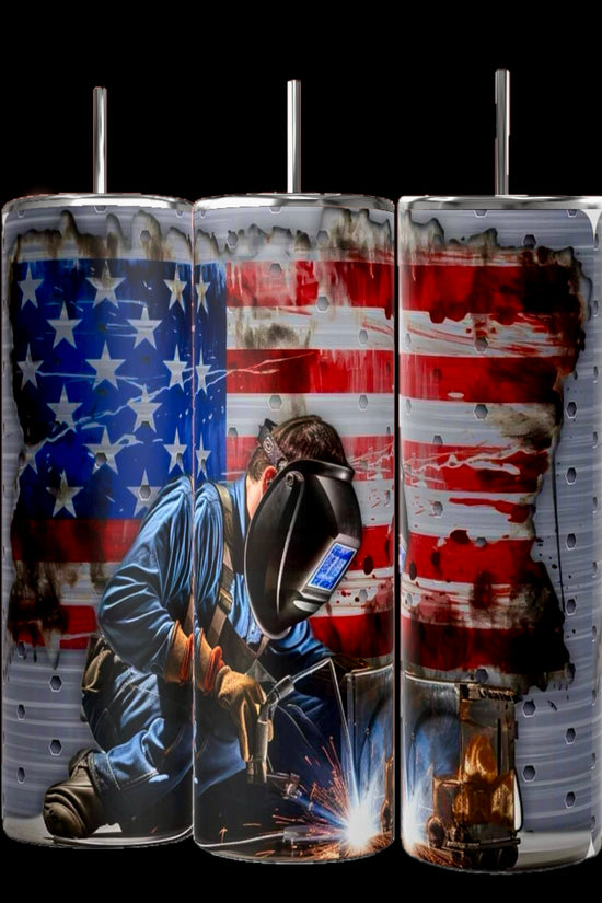 Kreative Kreationz's Welders 20oz Tumbler Collection features three tumblers depicting a welder with sparks flying and distressed American flag designs, each showing the welder in protective gear including a helmet.