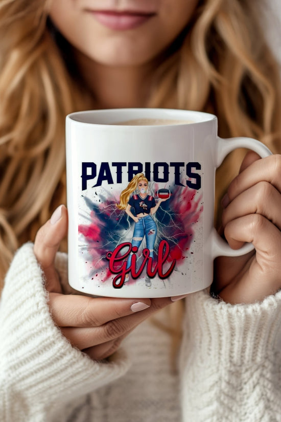 A woman in a white sweater holds the Kreative Kreationz Patriots Girl Ceramic Mug (11oz), featuring 