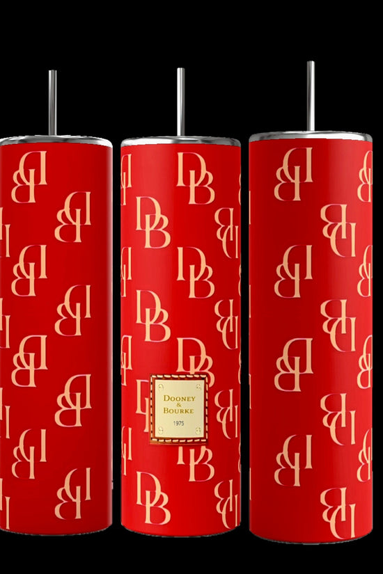 The D&B | RED 20oz Tumblers from Kreative Kreationz are tall and feature a repeating cream-colored 