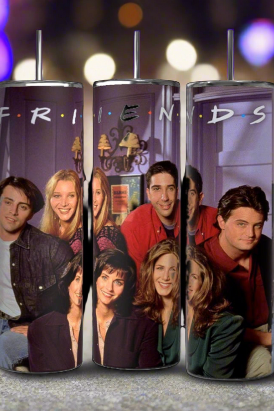 Three Kreative Kreationz Friends TV Show 20oz Tumblers in purple, featuring a blurred photograph of the main cast from 