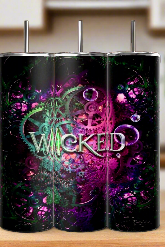 Three Kreative Kreationz 20oz Wicked Tumblers, made of insulated stainless steel, display a detailed design of green and purple gears with 