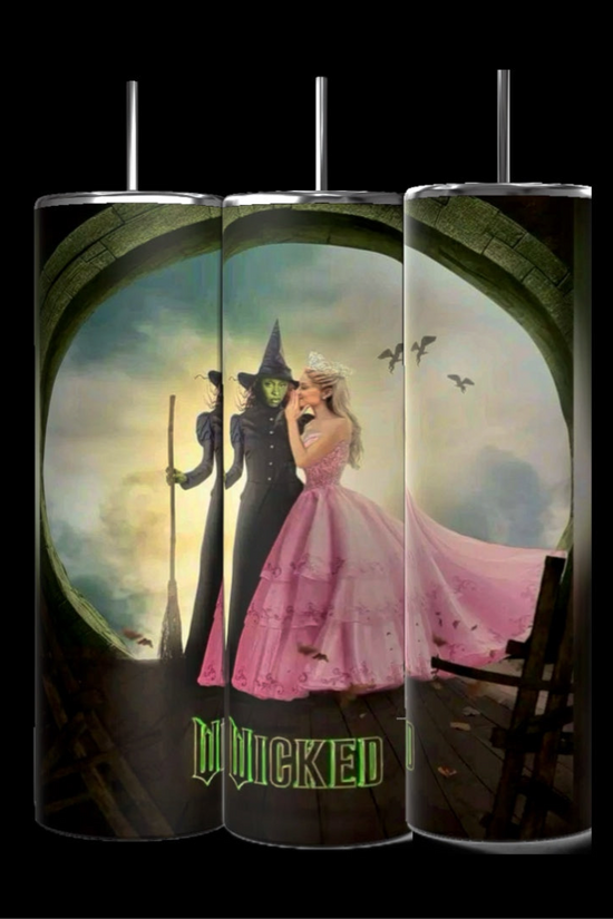 The Kreative Kreationz Wicked Whisper 20oz Tumblers feature a green-skinned witch with a broomstick and a blonde woman in a pink gown under an archway of bats, with 
