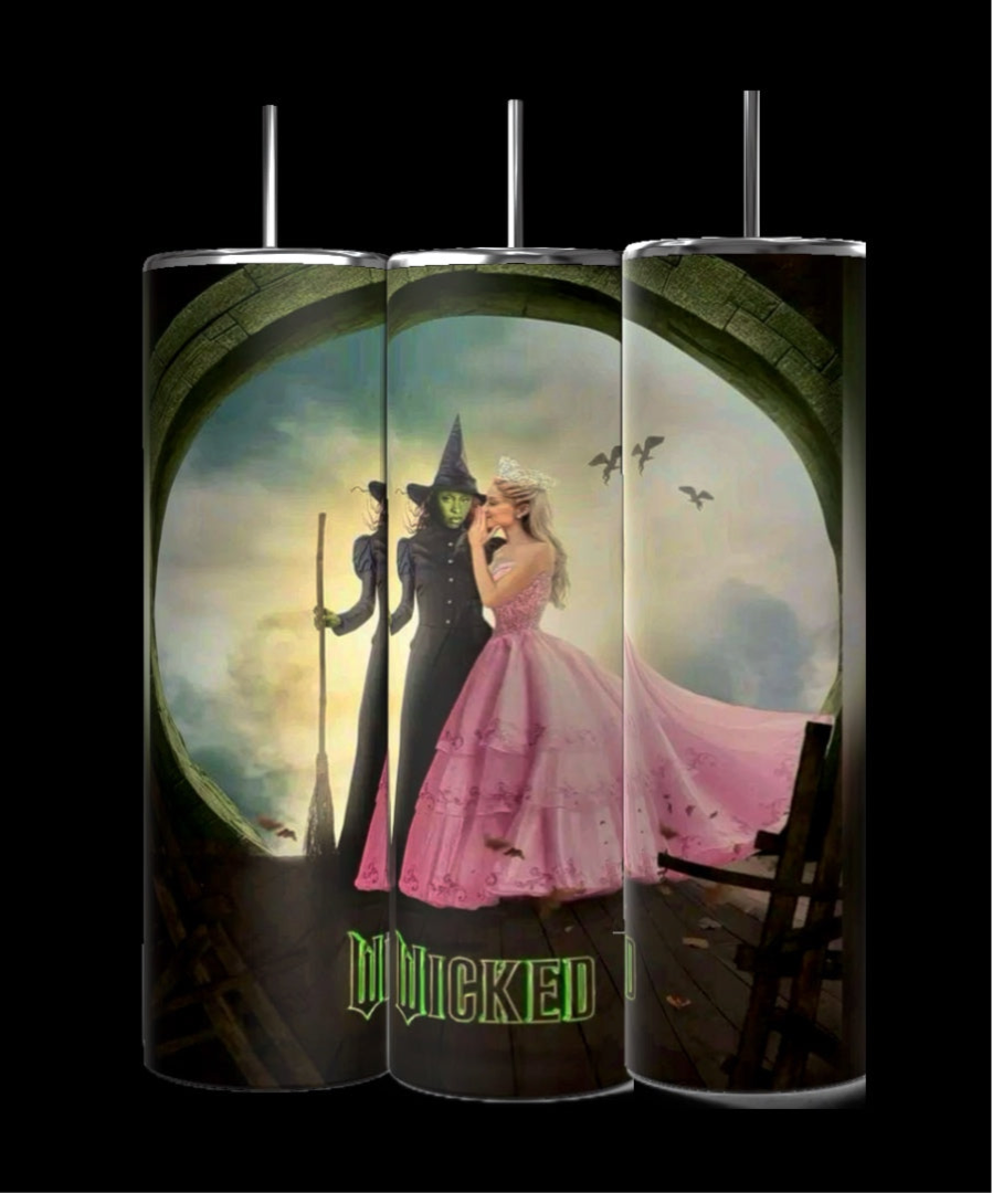 The Kreative Kreationz Wicked Whisper 20oz Tumblers feature a green-skinned witch with a broomstick and a blonde woman in a pink gown under an archway of bats, with "Wicked" in vivid green. The design is printed in premium sublimation on insulated stainless steel.