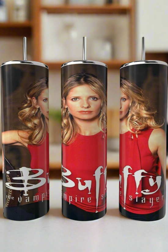 Three eco-friendly stainless steel tumblers, each featuring an image of a woman with blond hair in a red top against a blurred kitchen background. They proudly display 