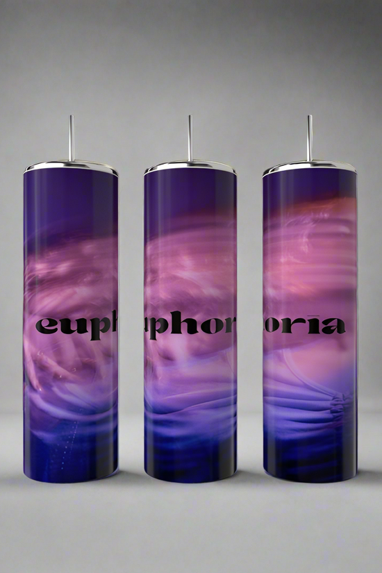 Three Euphoria 20oz Tumblers from Kreative Kreationz stand side by side, featuring a swirling purple and pink design with 