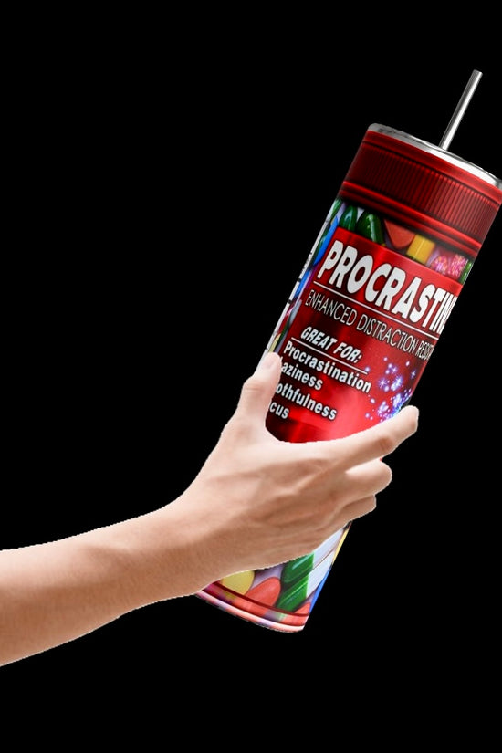 A hand holds a vibrant 20oz Proceastinex Adult Issues Skinny Tumbler by Kreative Kreationz against a black backdrop. The tumbler humorously mimics an energy drink with double-wall insulation, playfully promoting procrastination and slothfulness through its personalized designs.
